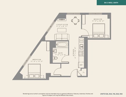 Floor plan for 2 beds, 2 baths, 663 sqft